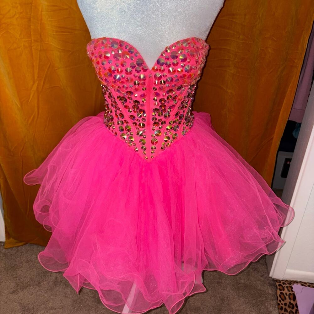 Sherri Hill Hot Pink Rhinestone Tulle Strapless Mini Dress Size 4 Y2K Prom